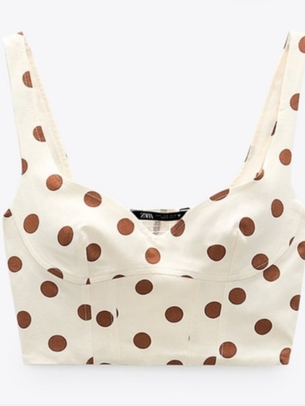 Zara Structured Cream Crop Top w/ Brown Polka Dots, Size S